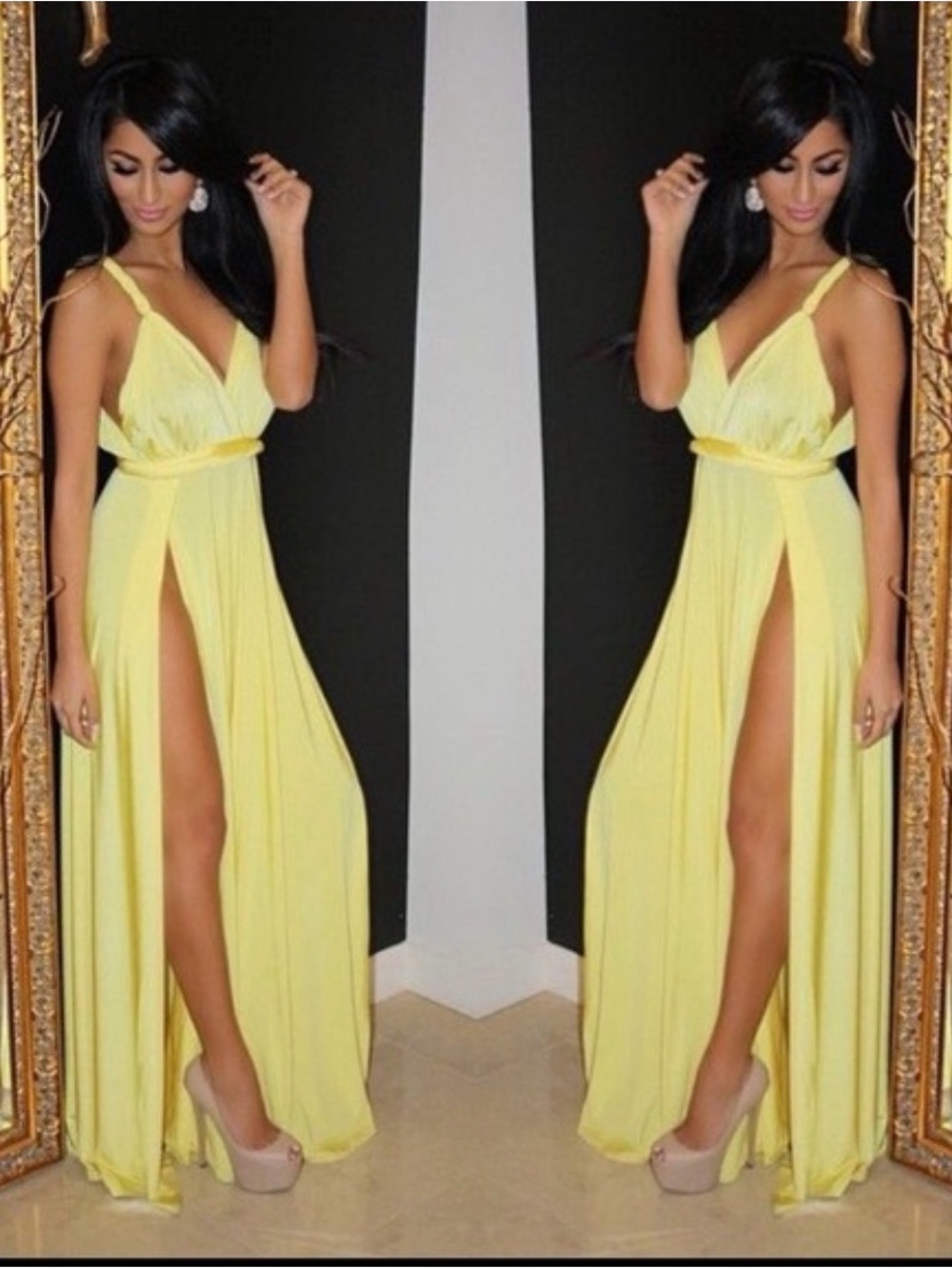 Abyss By Abby Lemon Yellow High-Slit Maxi Gown with Waist Tie